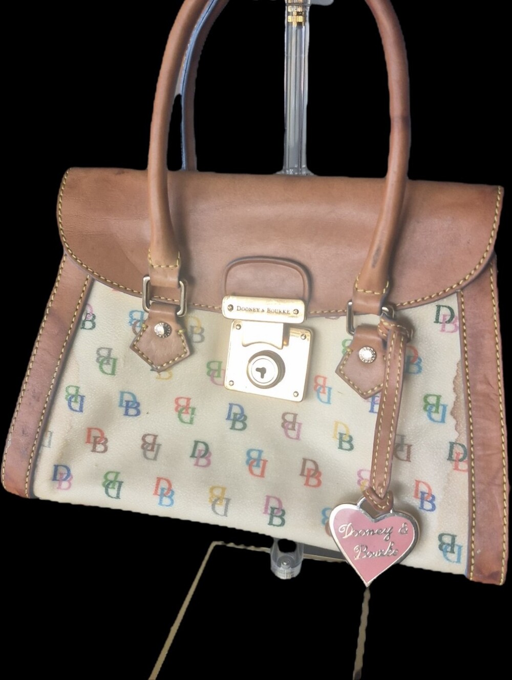 Dooney & Bourke Tan Leather Trim Satchel with Multicolor DB Canvas Y2k